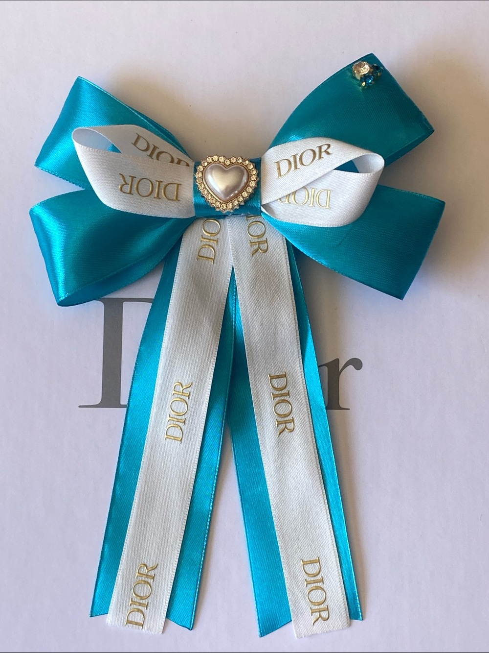 Dior Teal & White Branded Ribbon Bow with Pearl Heart Hairclip